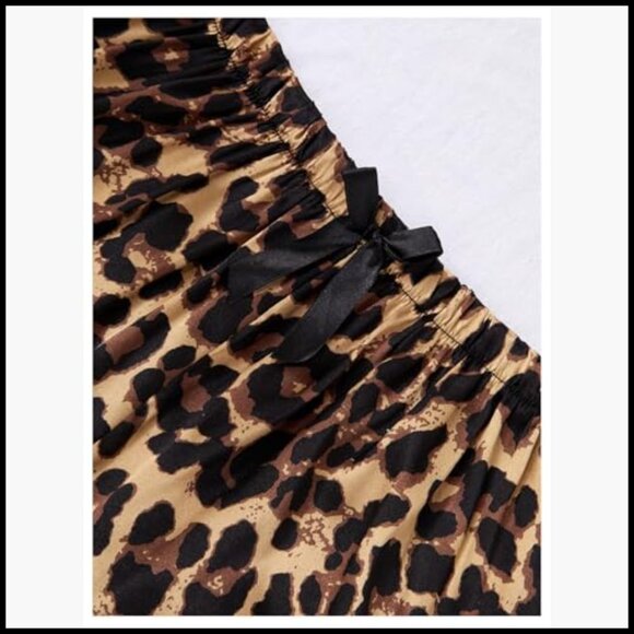 3 Piece Leopard Print Pajama Set Short Sleeve Button Down Shirt Shorts - Picture 2 of 5